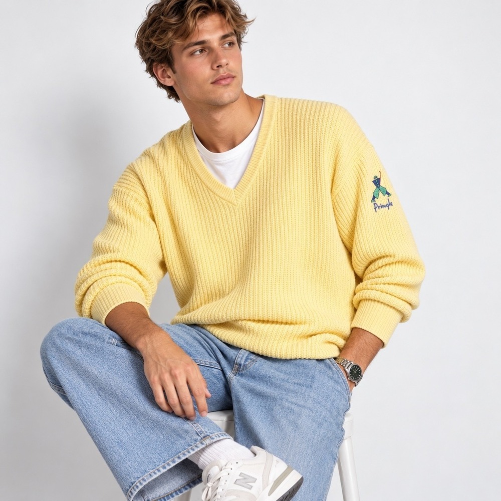 Vintage 90s Pringle Sports Cotton Sweater Golf Logo V Neck Yellow Mens L